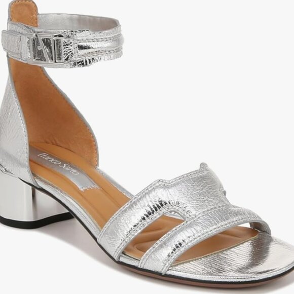 NEW Franco Sarto Women's Nora Ankle Strap Block Heel Sandal, Silver, 7W - Picture 1 of 9